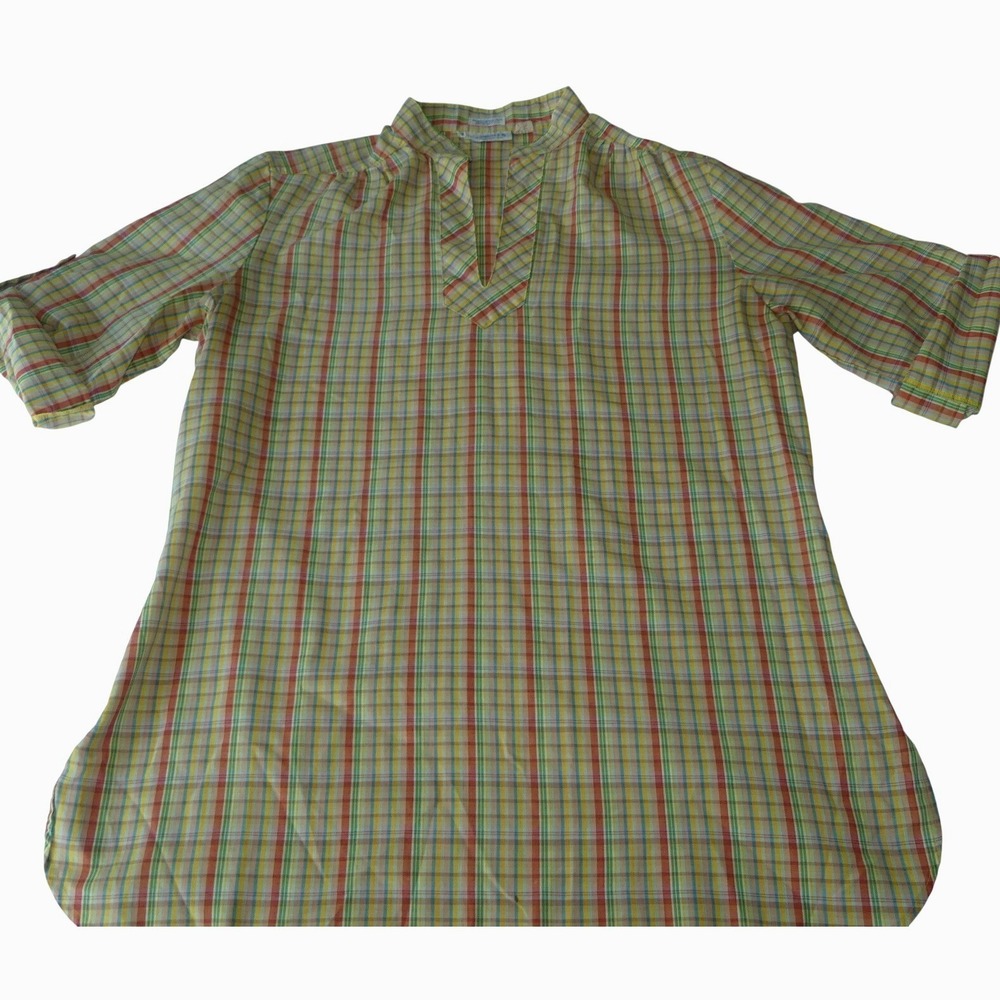 Vtg 70s Levis Plaid Tunic Shirt Womens Size 12  V-Neck Roll Tab Sleeve USA CA